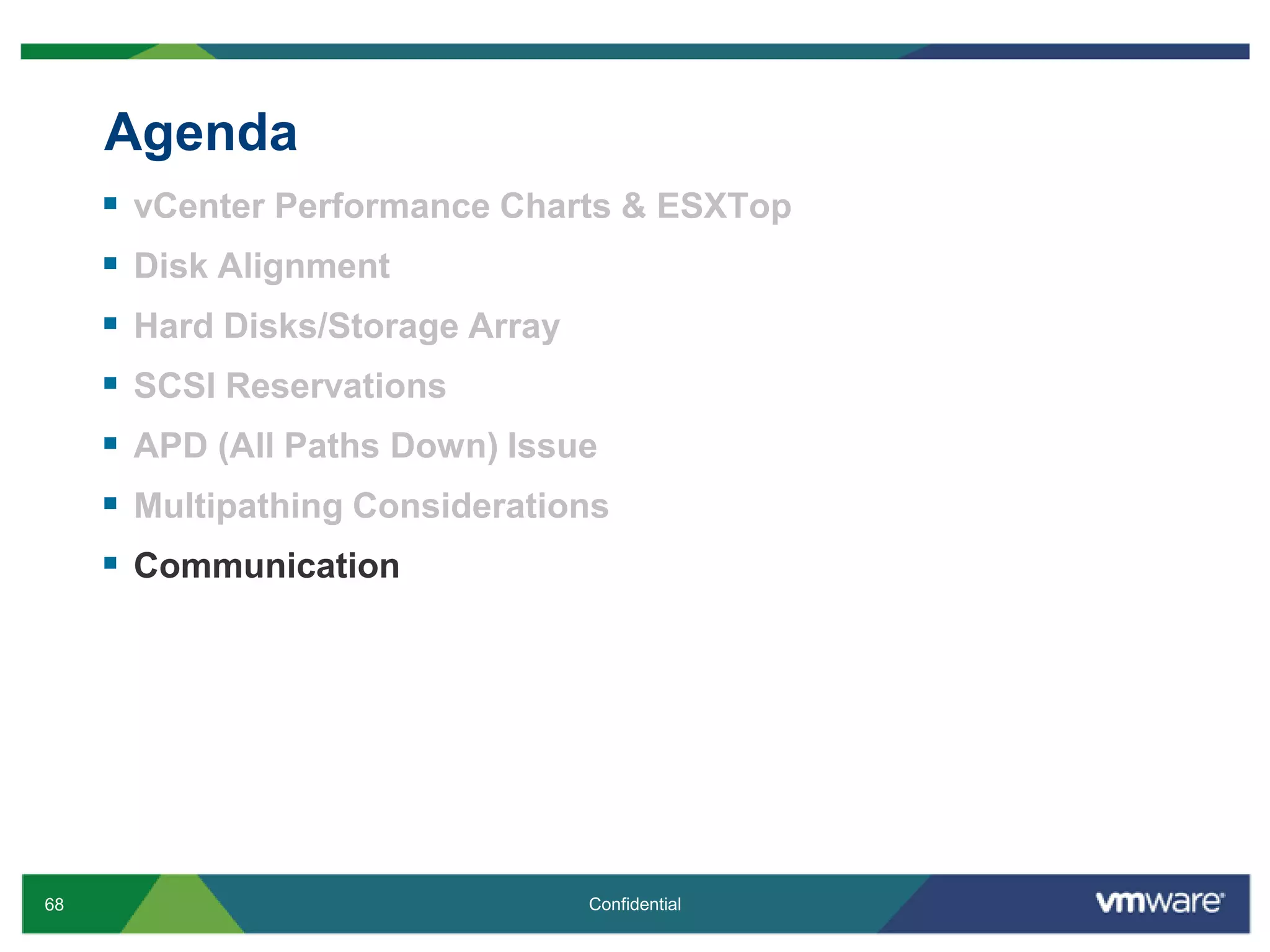 AgendavCenter Performance Charts & ESXTopDisk AlignmentHard Disks/Storage ArraySCSI ReservationsAPD (All Paths Down) IssueMultipathingConsiderationsCommunication