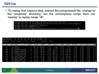 ESXTopTo replay that capture data, extract the compressed file, change to the ‘snaphots’ directory, run the uncompress script, then run ‘esxtop’ in replay mode ‘-R’: