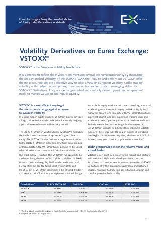 VSTOXX®
is a cost efficient way to get
the most accurate hedge against exposure
to European volatility.
In a price drop in equity markets, VSTOXX®
futures can take
a long position in the market while simultaneously hedging
against downward moves in the equity market.
The EURO STOXX 50®
Volatility Index (VSTOXX®
) measures
the implied variance across all options of a given time to
expiry. The VSTOXX®
Index features a negative correlation
to the EURO STOXX 50®
Index on a long term basis. Because
of this correlation, the VSTOXX®
tends to move to the upside
when all other asset classes are in decline as indicated in
the chart below. Therefore the VSTOXX®
has proven to be
a relevant hedge in times of both global crisis like the 2008
financial crisis and Aug 24, 2015 market meltdown and
EU-specific crisis like the Greek debt crisis in 2015 and
Brexit in 2016. VSTOXX®
can improve the efficient frontier
and offer a cost efficient way to implement a tail risk hedge.
In a volatile equity market environment, tracking error and
rebalancing costs increase in equity portfolios. Equity fund
managers can go long volatility with VSTOXX®
Derivatives
to protect against increases in portfolio tracking error and
rebalancing costs of passively indexed or benchmarked funds.
Similarly, convertible bond arbitrage fund managers can
use VSTOXX®
Derivatives to hedge their imbedded volatility
exposure. This is especially the case in periods of low disper-
sion/high correlation across equities, which make it difficult
for fund managers to extract alpha in stock selection.1
Trading opportunities for the relative value and
spread trader
Volatility as an asset class is a growing market and strategy
with sustained ADV and a developed term structure.
As traders and investors look for new opportunities, VSTOXX®
Derivatives offer the transparent orderbook and sustained
liquidity necessary to trade spreads between European and
non-European implied volatility.
Volatility Derivatives on Eurex Exchange:
VSTOXX®
1
VSTOXX®
is the European volatility benchmark.
It is designed to reflect the investor sentiment and overall economic uncertainty by measuring
the 30-day implied volatility of the EURO STOXX 50®
. Futures and options on VSTOXX®
offer
the most accurate and cost-effective way to take a view on European volatility. Unlike trading
volatility with hedged index options, there are no transaction costs in managing deltas for
VSTOXX®
Derivatives. They are exchange-traded and centrally cleared, providing independent
mark-to-market valuation and robust liquidity.
EURO STOXX 50®
–0.6607
–0.6560
–0.4710
–0.7150
Correlations2
VSTOXX®
VIX®
VCAC
VFTSE
S&P 500
–0.5517
–0.5180
–0.4106
–0.6235
CAC 40
–0.6590
–0.6728
–0.4678
–0.7015
FTSE 100
–0.5879
–0.5652
–0.3918
–0.6275
1 “The Benefits of Volatility Derivatives in Equity Portfolio Management”, EDHEC Risk Institute, May 2012
2 1 September 2016 – 31 August 2017
Eurex Exchange – Enjoy the broadest choice
of Equity Index Derivatives worldwide.
 