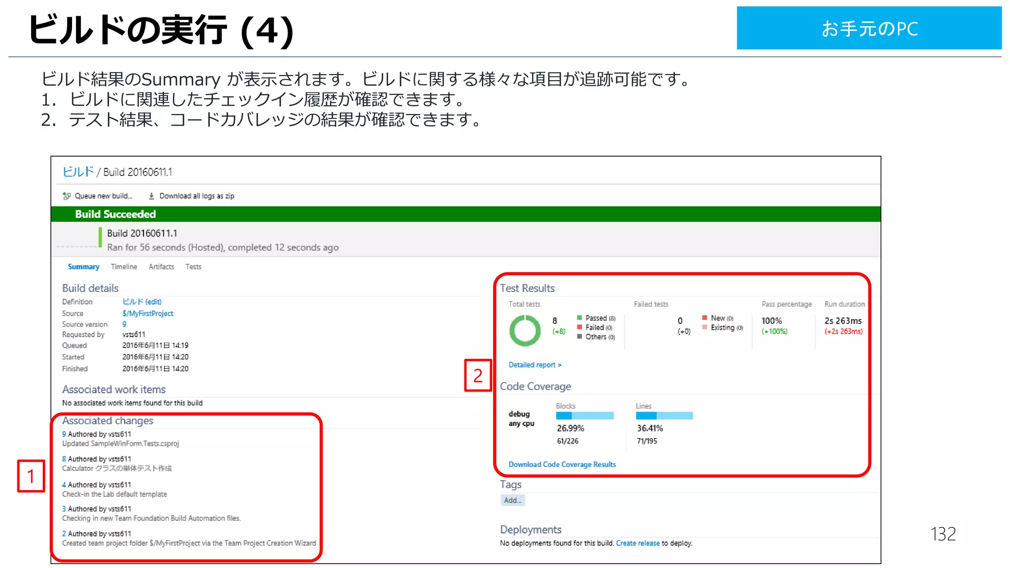 132
Visual Studio Team Services への接続が完了すると、ビルドエージェントの登録設定を行います。
1. [Enter agent pool] は、[default] を使用するため、[Enterキー]をおします。
2. [Enter agent name] は、[Enterキー]をおします。
3. [Enter work folder] は、[Enterキー]をおします。
4. [Enter run agent as a service?] は、今回は対話型のビルドエージェントのため、[N] と入力します。
5. [Listening for Jobs] が表示されると、対話型のビルドエージェントの展開は完了です。* ウインドウは閉じないこと
ビルドエージェントの有効化 (5) RDP: VM1
5
4
3
1
2
 