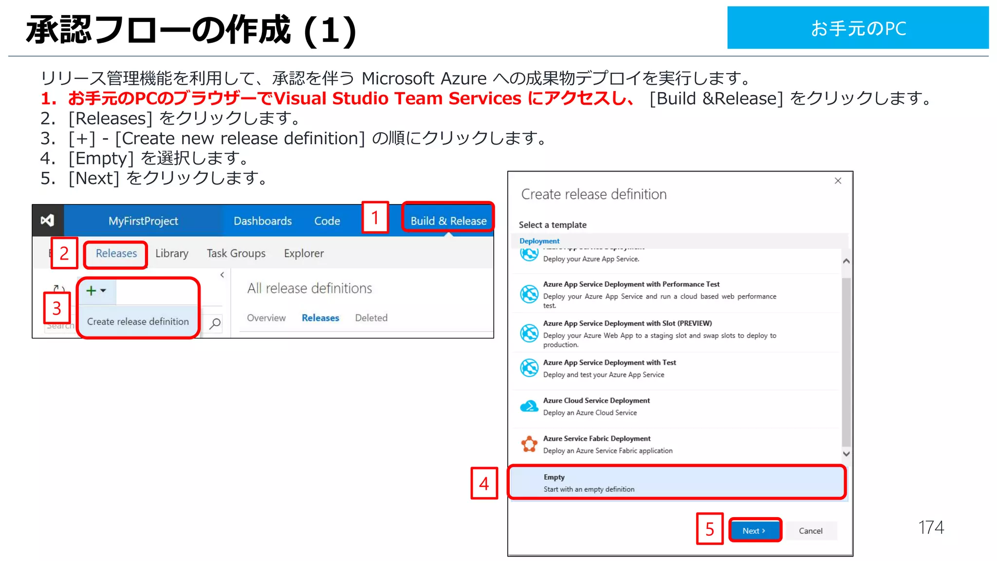 174
単体テストのコミット (3)
1. [ホームアイコン] をクリックします。
2. [変更] をクリックします。
3. [コメント] には、[UITest] と入力します。
4. [▼] をクリックして、[すべてをコミットしてプッシュ] を選択すると、コミット＆プッシュが完了します。
1
4
2
3
RDP: VM1
 