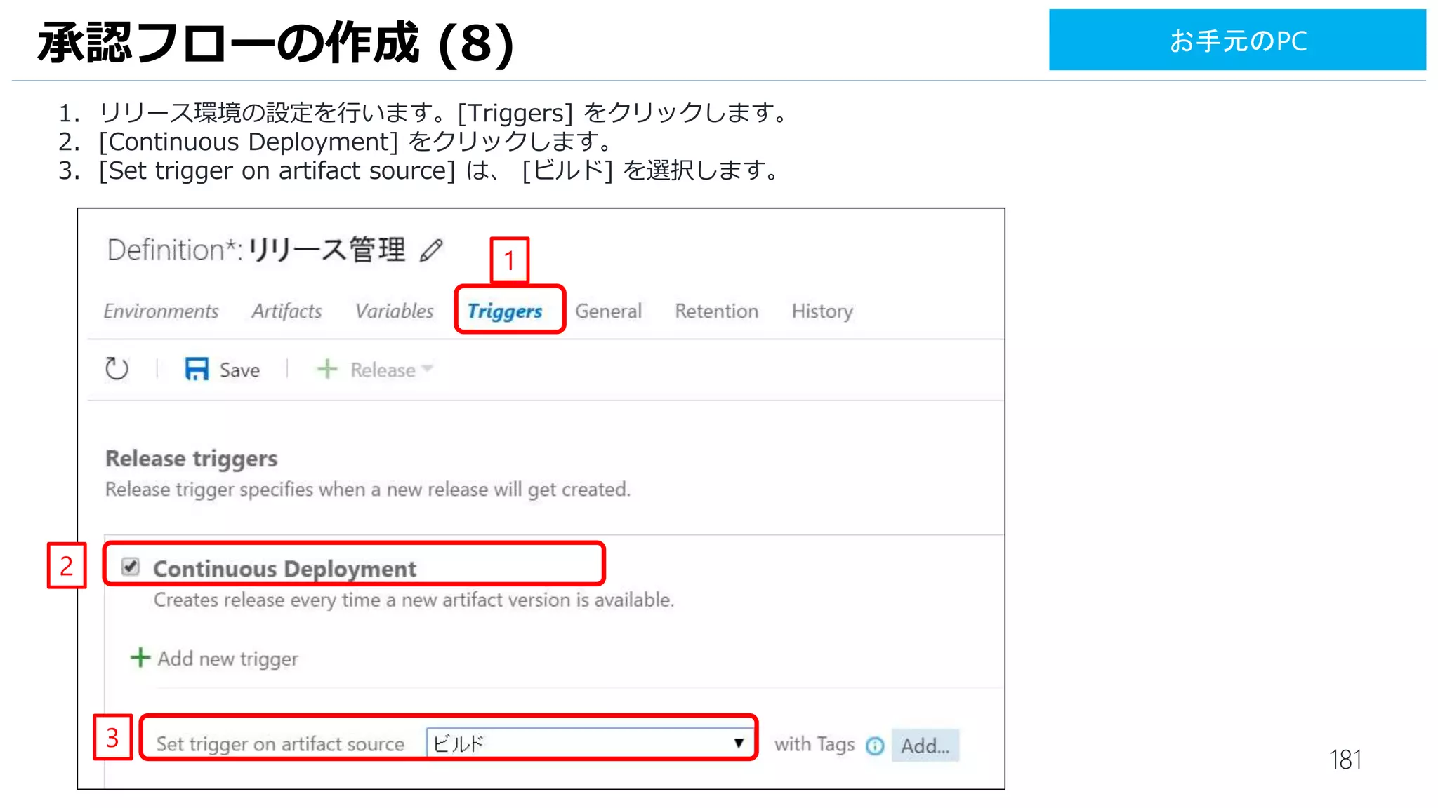 181
1. [Publish Artifacts] をクリックします。
2. [Artifact Name] には [drop], [Artifact Type] には [Server] となっていることを確認します。
UIテストのビルド (6)
1
2
お手元のPC
 