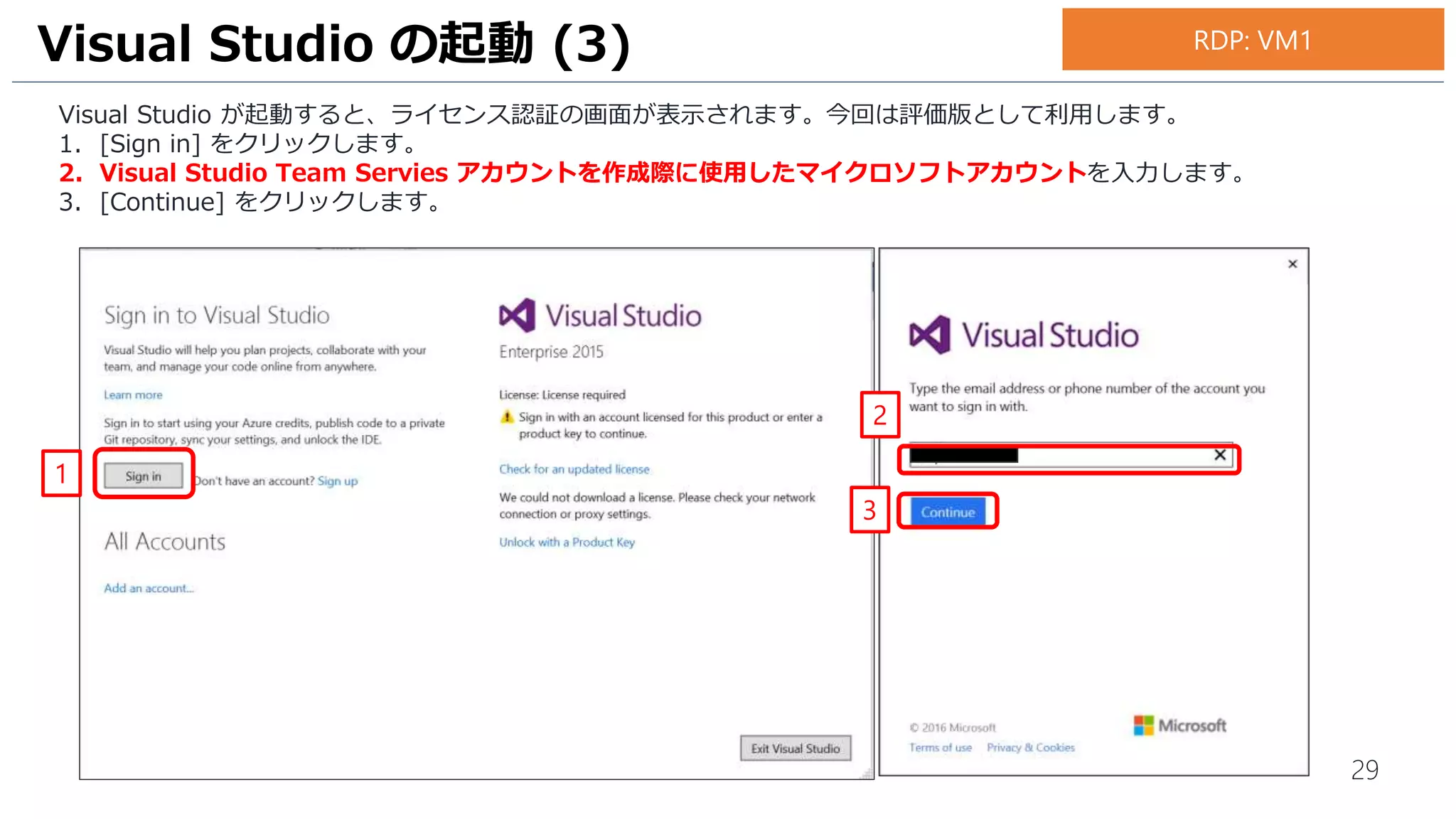 29
Visual Studio が起動すると、ライセンス認証の画面が表示されます。今回は評価版として利用します。
1. [Sign in] をクリックします。
2. Visual Studio Team Services アカウントを作成際に使用したマイクロソフトアカウントを入力します。
3. [Continue] をクリックします。
Visual Studio の起動 (3)
1
RDP: VM1
2
3
 