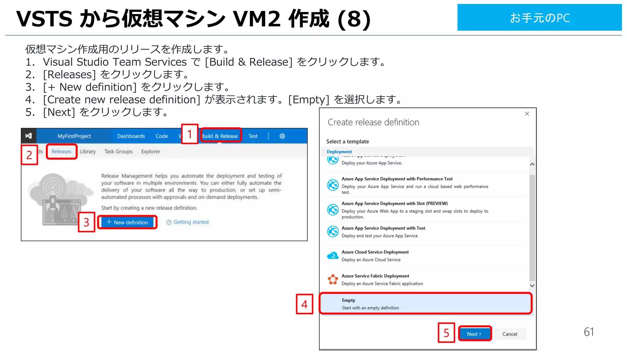 61
VSTS から仮想マシン VM2 作成 (8)
仮想マシン作成用のリリースを作成します。
1. Visual Studio Team Services で [Build & Release] をクリックします。
2. [Releases] をクリックします。
3. [+ New definition] をクリックします。
4. [Create new release definition] が表示されます。[Empty] を選択します。
5. [Next] をクリックします。
4
5
1
3
2
お手元のPC
 