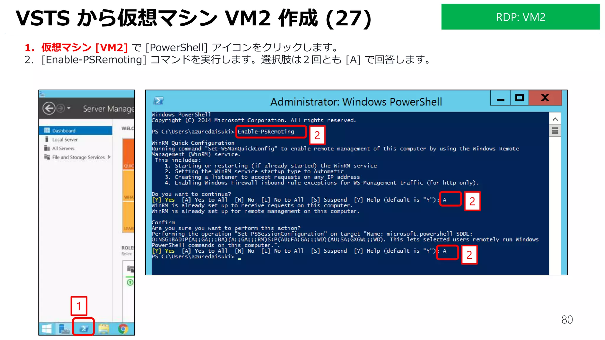 80
1. 仮想マシン [VM2] で [PowerShell] アイコンをクリックします。
2. [Enable-PSRemoting] コマンドを実行します。選択肢は２回とも [A] で回答します。
VSTS から仮想マシン VM2 作成 (27)
1
2
2
2
RDP: VM2
 
