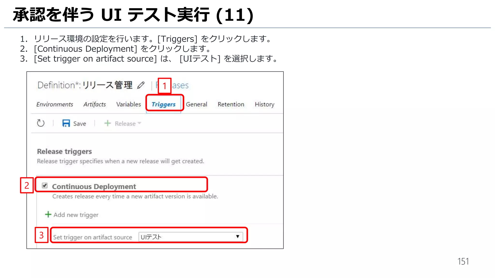 151
単体テストにアサーションを追加 (5)
1. Visual Studio のメニュー [テスト] – [実行] - [すべてのテスト] の順にクリックします。
2. テスト実行の結果、[CodedUITestMethod1] が失敗していることを確認します。
2
1
 