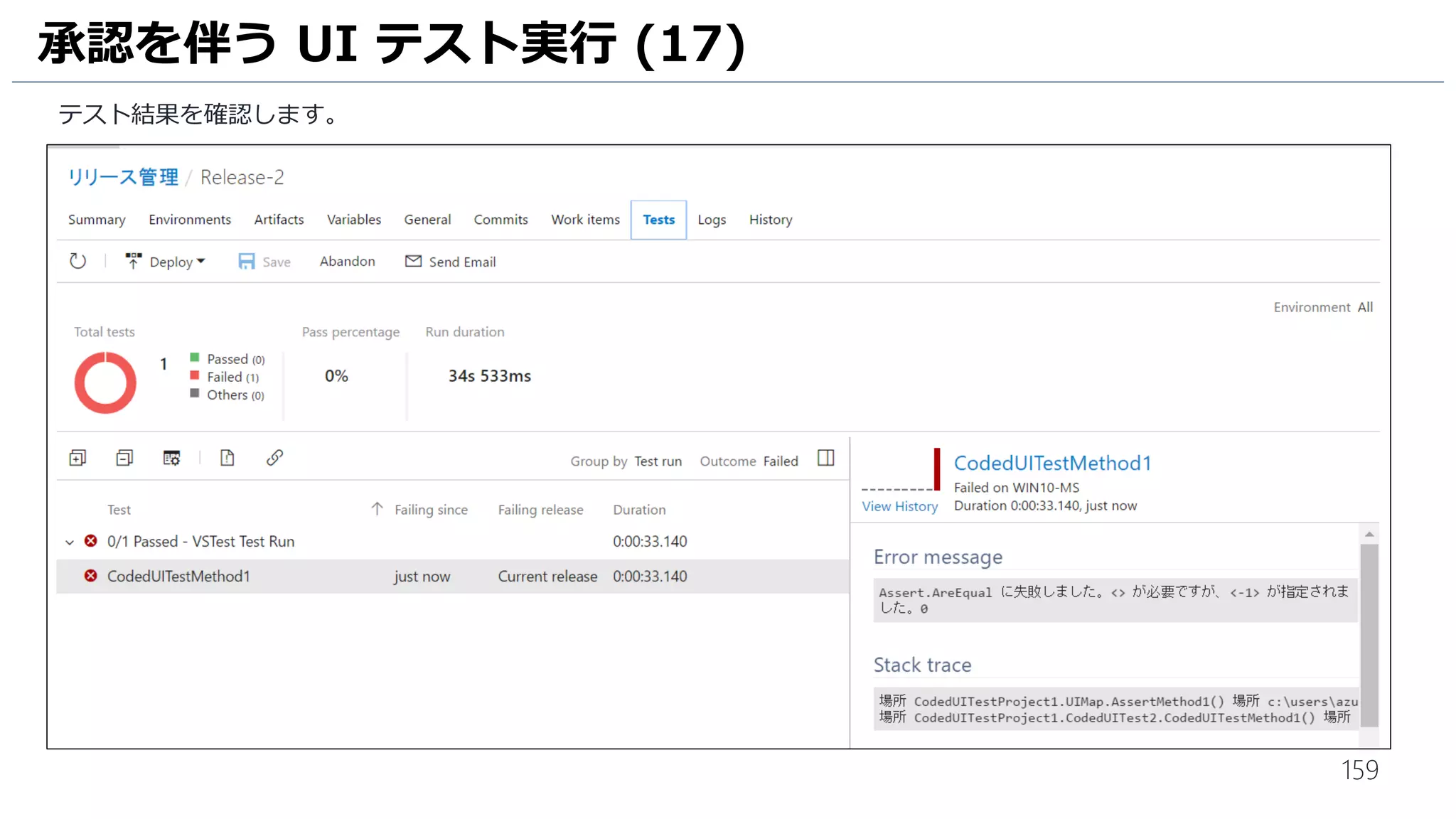 159
1. リポジトリの設定します。[Get sources] をクリックします。
2. [Repository] を [UITest] に変更します。
UIテストのビルド (3)
2
1
 