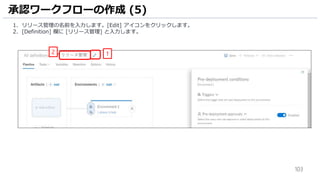103
1. リリース管理の名前を入力します。[Edit] アイコンをクリックします。
2. [Definition] 欄に [リリース管理] と入力します。
承認ワークフローの作成 (5)
12
 