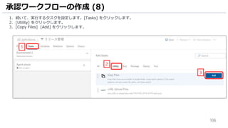 106
1. 続いて、実行するタスクを設定します。[Tasks] をクリックします。
2. [Utility] をクリックします。
3. [Copy Files] [Add] をクリックします。
承認ワークフローの作成 (8)
1
2
3
 
