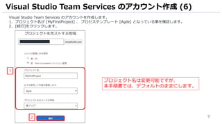 11
Visual Studio Team Services のアカウントを作成します。
1. プロジェクト名が [MyFirstProject] 、 プロセステンプレート [Agile] となっている事を確認します。
2. [続行]をクリックします。
Visual Studio Team Services のアカウント作成 (6)
2
1
プロジェクト名は変更可能ですが、
本手順書では、デフォルトのままにします。
 