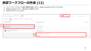 110
承認ワークフローの作成 (12)
1. リリースワークフローの実行環境を設定します。[Agent phase] をクリックします。
2. [Agent queue] には、[Default] を選択します。
3. [Save] をクリックします。
2
1
3
 