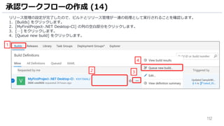 112
承認ワークフローの作成 (14)
リリース管理の設定が完了したので、ビルドとリリース管理が一連の処理として実行されることを確認します。
1. [Builds] をクリックします。
2. [MyFirstProject-.NET Desktop-CI] の列の空白部分をクリックします。
3. […] をクリックします。
4. [Queue new build] をクリックします。
2 3
4
1
 