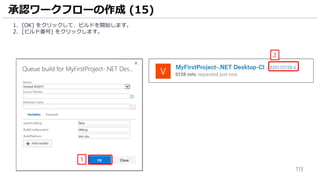 113
承認ワークフローの作成 (15)
1. [OK] をクリックして、ビルドを開始します。
2. [ビルド番号] をクリックします。
1
2
 