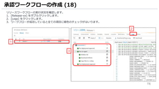 116
承認ワークフローの作成 (18)
リリースワークフローの実行状況を確認します。
1. [Release-xx] をダブルクリックします。
2. [Logs] をクリックします。
3. ワークフローが成功していると全ての項目に緑色のチェックがはいります。
1
2
3
 