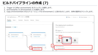 124
1. Trigger は [After environment] をクリックして選択します。
2. Environments は [Environment 1] を選択します。
3. Copy of Environment のビルドエージェントを Environment 2 と別のものにします。赤枠の箇所をクリックします。
ビルドパイプラインの作成 (7)
1
2
3
 