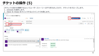 18
[チケットの流れを理解する]というユーザーストーリーはやり終えましたので、チケットをクローズします。
1. [Closed] を選択します。
2. [Save ＆ Close] をクリックするとウインドウを閉じます。
チケットの操作 (5)
1
2
 