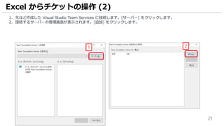 21
1. 先ほど作成した Visual Studio Team Services に接続します。[サーバー] をクリックします。
2. 接続するサーバーの管理画面が表示されます。[追加] をクリックします。
Excel からチケットの操作 (2)
1 2
 