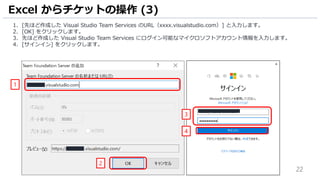 22
1. [先ほど作成した Visual Studio Team Services のURL（xxxx.visualstudio.com）] と入力します。
2. [OK] をクリックします。
3. 先ほど作成した Visual Studio Team Services にログイン可能なマイクロソフトアカウント情報を入力します。
4. [サインイン] をクリックします。
Excel からチケットの操作 (3)
1
2
3
4
 