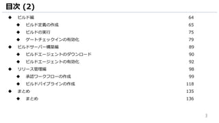3
目次 (2)
 ビルド編 64
 ビルド定義の作成 65
 ビルドの実行 75
 ゲートチェックインの有効化 79
 ビルドサーバー構築編 89
 ビルドエージェントのダウンロード 90
 ビルドエージェントの有効化 92
 リリース管理編 98
 承認ワークフローの作成 99
 ビルドパイプラインの作成 118
 まとめ 135
 まとめ 136
 