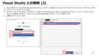 38
1. 先ほど作成した Visual Studio Team Services にログイン可能なマイクロソフトアカウントのパスワードを入力します。
2. [サインイン] をクリックします。
3. ログインしたマイクロソフトアカウントに紐づいたVisual Studio Team Services のアカウントとチームプロジェクト
のリストが表示されます。リポジトリの [MyFirstProject] をクリックして選択します。
4. [接続] をクリックします。
Visual Studio との接続 (3)
1
2
3
4
 