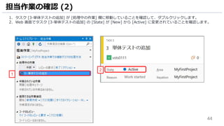 44
1. タスク [3-単体テストの追加] が [処理中の作業] 欄に移動していることを確認して、ダブルクリックします。
2. Web 画面でタスク [3-単体テストの追加] の [State] が [New] から [Active] に変更されていることを確認します。
担当作業の確認 (2)
1
2
 
