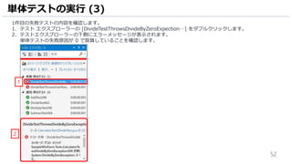52
1件目の失敗テストの内容を確認します。
1. テスト エクスプローラーの [DivideTestThrowsDivideByZeroExpection…] をダブルクリックします。
2. テストエクスプローラーの下側にエラーメッセージが表示されます。
単体テストの失敗原因が 0 で除算していることを確認します。
単体テストの実行 (3)
1
2
 