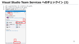 59
1. [チームエクスプローラー] をクリックします。
2. [ホームアイコン] をクリックします。
3. [保留中の変更] をクリックします。
Visual Studio Team Services へのチェックイン (2)
1
3
2
 