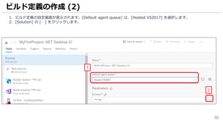 66
1. ビルド定義の設定画面が表示されます。[Default agent queue] は、[Hosted VS2017] を選択します。
2. [Solution] の […] をクリックします。
ビルド定義の作成 (2)
2
1
 