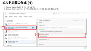 68
1. [Visual Studio Build] をクリックします。
2. [Visual Studio Version] が [Visual Studio 2017] であることを確認します。
ビルド定義の作成 (4)
1
2
 