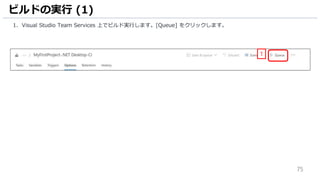 75
1. Visual Studio Team Services 上でビルド実行します。[Queue] をクリックします。
ビルドの実行 (1)
1
 