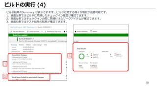 78
ビルド結果のSummary が表示されます。ビルドに関する様々な項目が追跡可能です。
1. 画面左側ではビルドに関連したチェックイン履歴が確認できます。
2. 画面左側ではチェックインの際に関連付けたワークアイテムが確認できます。
3. 画面右側ではテスト結果の結果が確認できます。
ビルドの実行 (4)
2
3
1
 