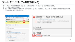 84
ゲートチェックインが開始されると、チームエクスプローラーにメッセージが表示されます。
1. [ここ] をクリックします。
2. ビルド要求の画面が表示されます。しばらくすると、ビルドが失敗し、チェックインが拒否された旨が表示されます。
[ビルド番号] をクリックします。
ゲートチェックインの有効化 (6)
1
2
 