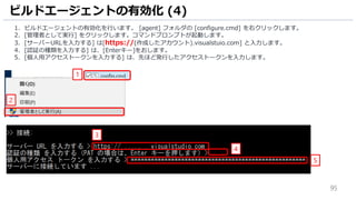 95
1. ビルドエージェントの有効化を行います。 [agent] フォルダの [configure.cmd] を右クリックします。
2. [管理者として実行] をクリックします。コマンドプロンプトが起動します。
3. [サーバーURLを入力する] は[https://(作成したアカウント).visualstuio.com] と入力します。
4. [認証の種類を入力する] は、[Enterキー]をおします。
5. [個人用アクセストークンを入力する] は、先ほど発行したアクセストークンを入力します。
ビルドエージェントの有効化 (4)
5
2
4
3
1
 