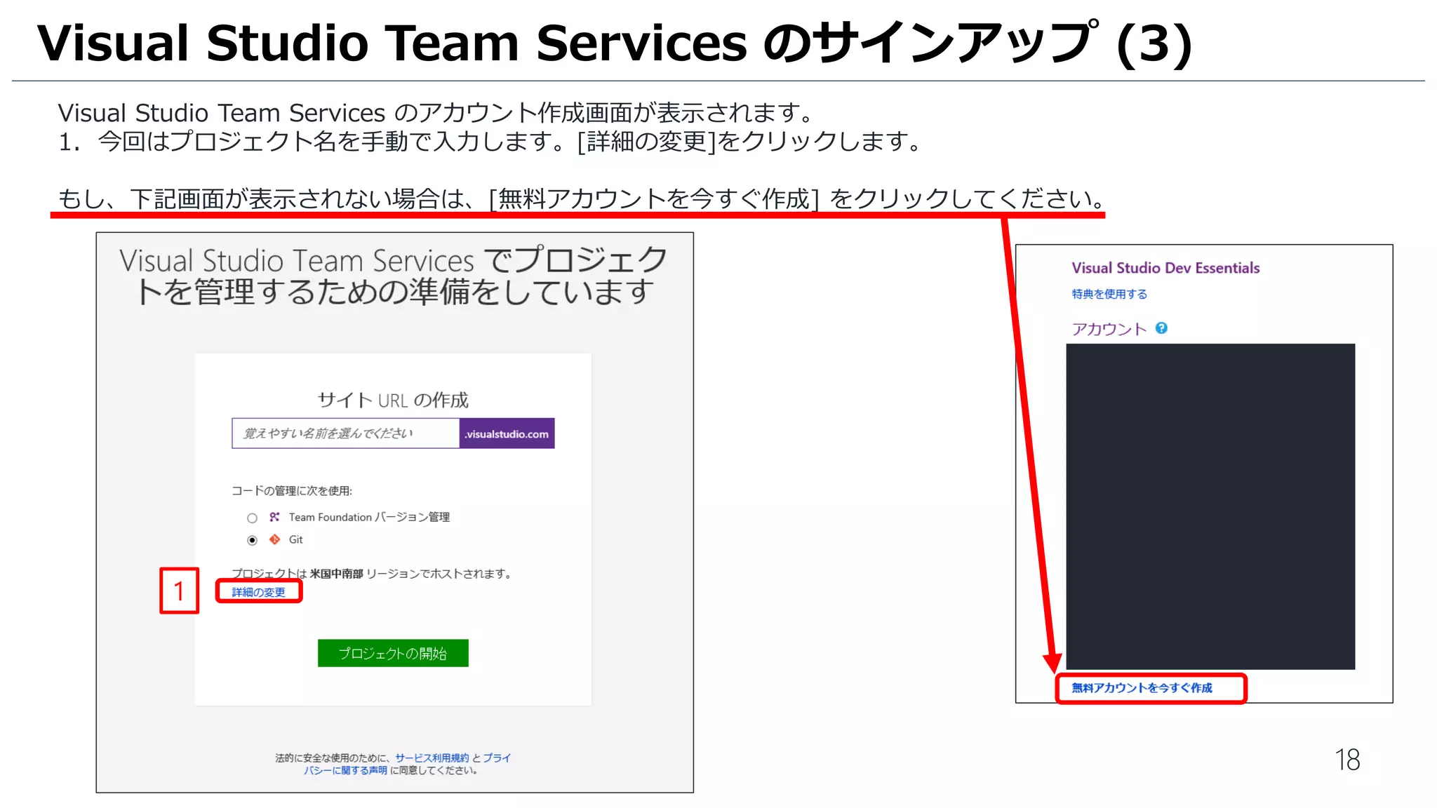 18
Visual Studio Team Services のサインイン画面が表示されます。
1. Microsoftアカウントのパスワードを入力します。
2. [サインイン]をクリックします。
Visual Studio Team Services のアカウント作成 (2)
1
2
 