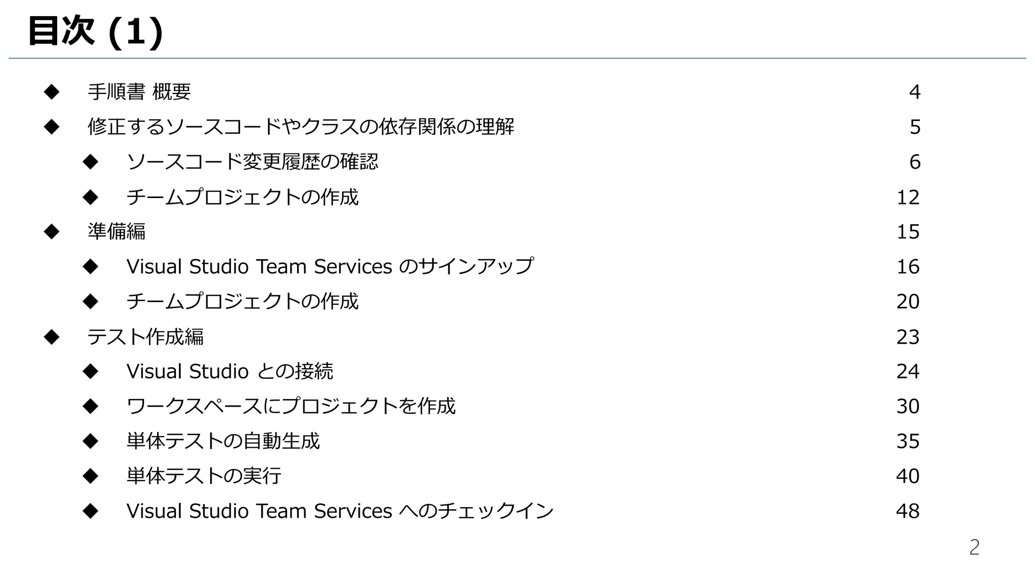 2
目次 (1)
 手順書 概要 5
 修正するソースコードやクラスの依存関係の理解 6
 ソースコード変更履歴の確認 7
 クラスの依存関係をビジュアルで理解 13
 準備編 16
 Visual Studio Team Services のアカウント作成 17
 テスト作成編 24
 Visual Studio との接続 25
 ワークスペースにプロジェクトを作成 29
 単体テストの自動生成 32
 単体テストの実行 37
 Visual Studio Team Services へのチェックイン 48
 