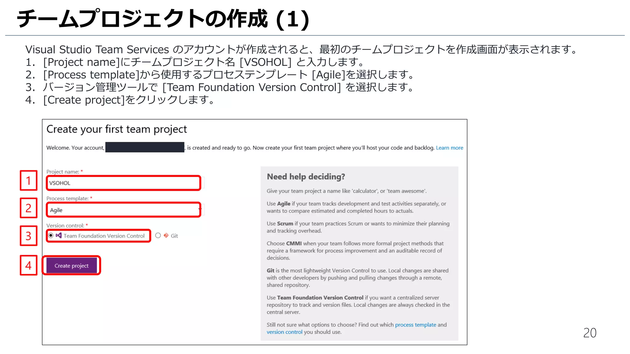 20
1. [新しいアカウントの作成] をクリックします。
Visual Studio Team Services のアカウント作成 (4)
1
 