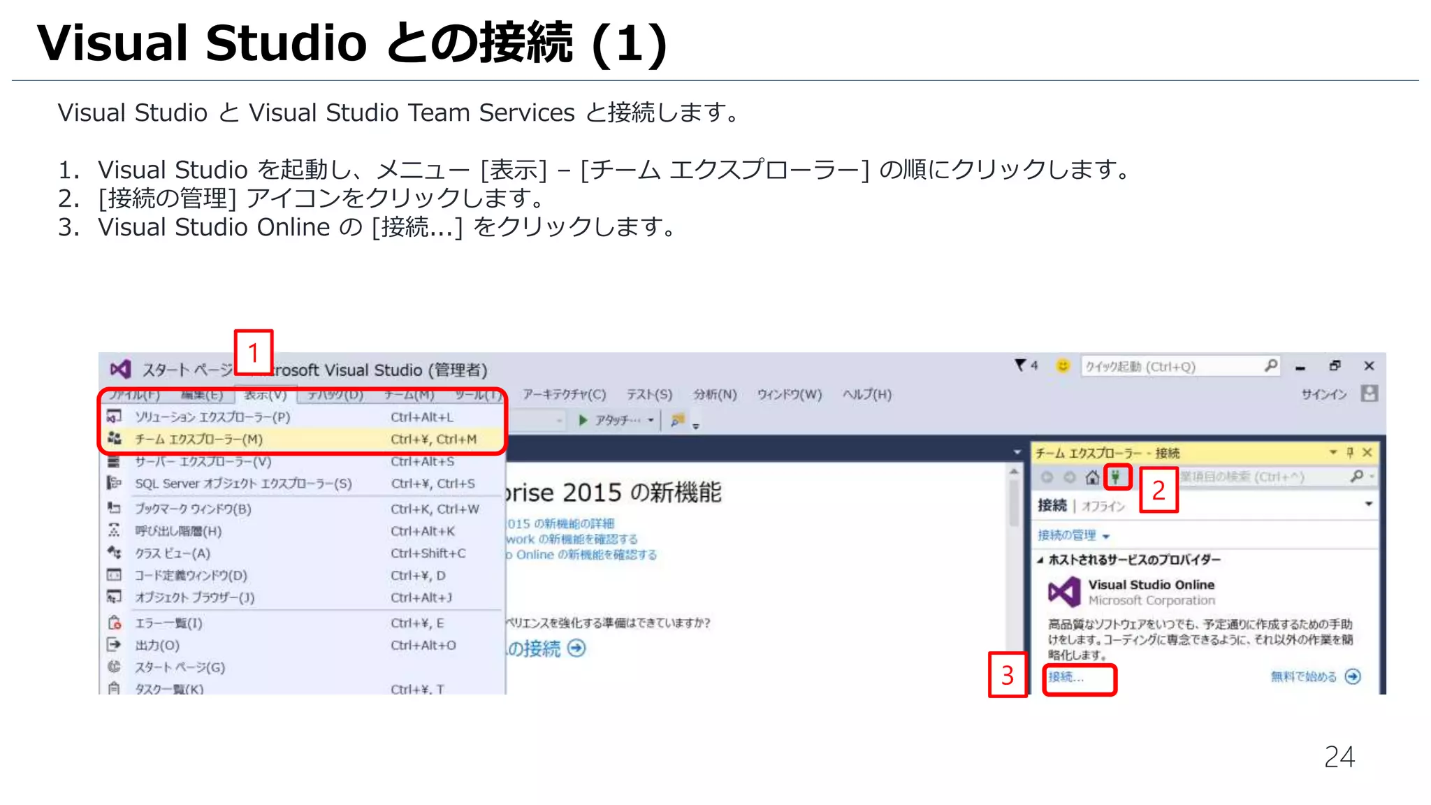 テスト作成編
- Visual Studio と Visual Studio Team Services との接続
- ワークスペースにプロジェクトを追加
- 単体テストの自動生成
- 単体テストの実行
- Visual Studio Team Services へのチェックイン
 