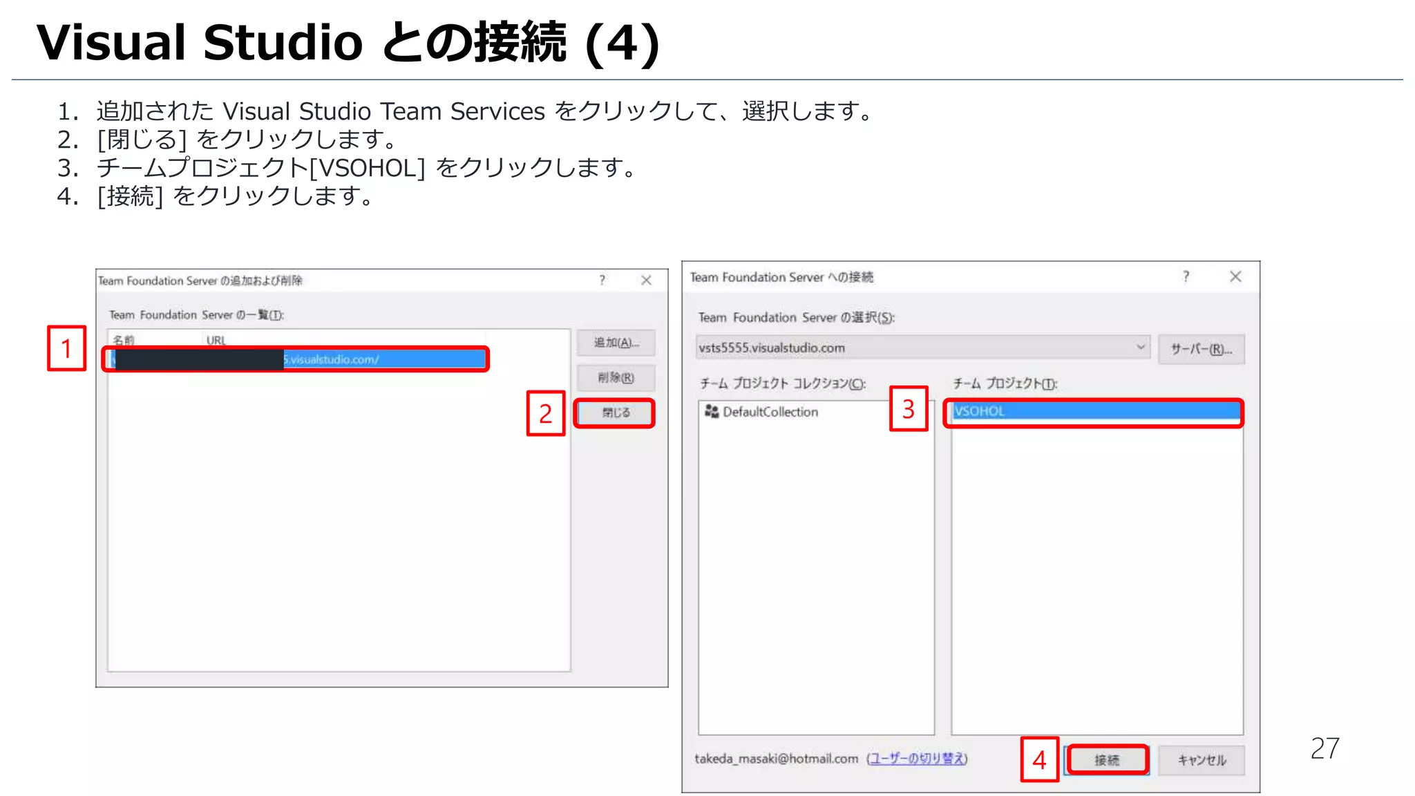 27
1. 先ほど作成した Visual Studio Team Services にログイン可能なマイクロソフトアカウントのパスワードを入力します。
2. [サインイン] をクリックします。
3. ログインしたマイクロソフトアカウントに紐づいたVisual Studio Team Services のアカウントとチームプロジェクト
のリストが表示されます。[MyFirstProject] をクリックして選択します。
4. [マップと取得] をクリックします。
Visual Studio との接続 (3)
1
2 3
4
 