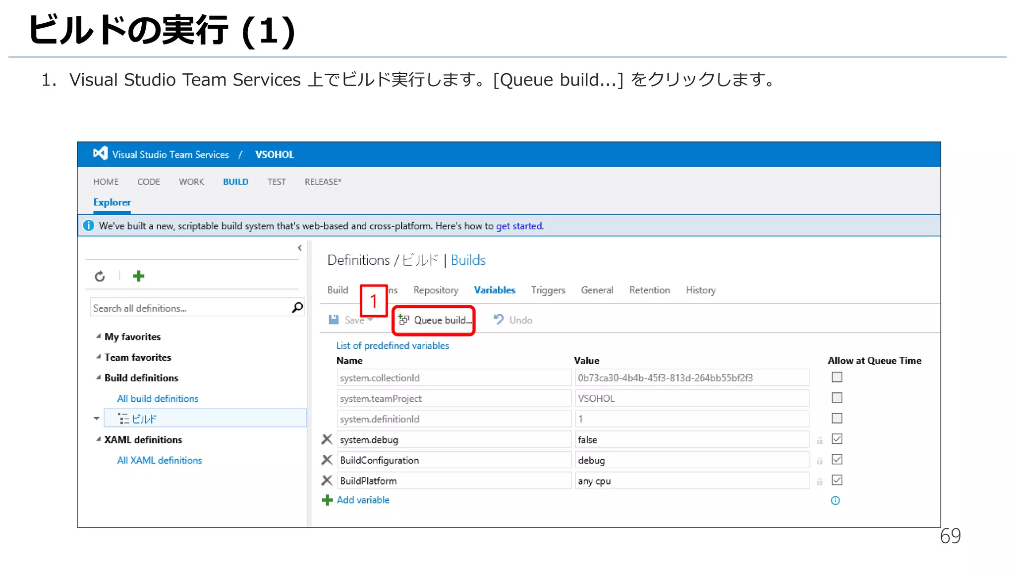 69
1. Visual Studio Team Services 上でビルド実行します。[Queue build...] をクリックします。
ビルドの実行 (1)
1
 