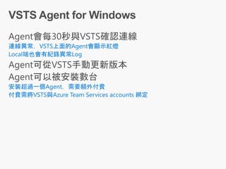 連線異常，VSTS上面的Agent會顯示紅燈
Local端也會有紀錄異常Log
安裝超過一個Agent，需要額外付費
付費需將VSTS與Azure Team Services accounts 綁定
 