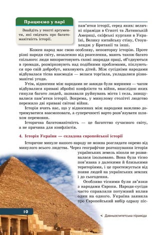 10 Вступ
пам’ятки історії, серед яких: велич-
ні піраміди в Єгипті та Латинській
Америці, скіфські кургани в Укра-
їні, Велику китайську стіну, Стоун-
хендж у Британії та інші.
Кожен народ має свою особливу, неповторну історію. Проте
різні народи світу, незалежно від розселення, мають також багато
спільного: люди використовують схожі знаряддя праці, об’єднуються
в громади, розмірковують над подібними проблемами, піклують-
ся про свій добробут, виховують дітей. Між сусідніми народами
відбувалася тісна взаємодія — велася торгівля, укладалися різно-
манітні угоди.
Утім, відносини між народами не завжди були мирними — часом
відбувалися криваві збройні конфлікти та війни, внаслідок яких
гинули багато людей, зазнавали руйнувань міста і села, знищу-
валися пам’ятки історії. Зокрема, у минулому столітті людство
пережило дві криваві світові війни.
Історія вчить нас, що у відносинах між народами важливо до-
тримуватися взаємоповаги, а суперечності варто розв’язувати шля-
хом перемовин.
Історична багатоманітність — це багатство сучасного світу,
а не причина для конфліктів.
4.	 Історія України — складова європейської історії
Історичне минуле нашого народу не можна розглядати окремо від
минулого всього людства. Через географічне розташування історія
українських земель ніколи не розви-
валася ізольовано. Вона була тісно
пов’язана з далекими й близькими
територіями, і це простежується від
появи людей на українських землях
і до сьогодення.
Особливо тісними були зв’язки
з народами Європи. Народи-сусіди
часто справляли потужний вплив
один на одного. Україна заявила
про Європейський вибір одразу піс-
Знайдіть у тексті аргумен-
ти, які свідчать про багато-
манітність історії.
Працюємо у парі
	Давньоєгипетська піраміда
10
 