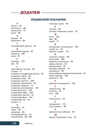 174 Додатки
Предметний покажчик
	 А
абетка 83
античність 38
археологія 75
архів 86
	Б
билина 91
бібліотека 86
	 Г
географічний простір  44
	 Д
державний кордон  61
дозвілля 183
дума 91
	Е
епідемія 179
ера 18
	 І
ієрогліфічне письмо  82
історик 8
історико-географічний регіон  65
історична карта  50
історична пісня  93
історична пам’ять  106
історична хронологія  16
історичне джерело  74
історичне дослідження  144
історичний діяч  146
історичний образ  146
історичний простір  51
історичний факт  144
історичний час  16
історія 8
	 К
календар 14
карта 48
клинопис 83
календарний час  15
конституція  60, 139
контурна карта  62
	 Л
легенда 89
легенда історичної карти  52
	М
місто 164
міф 90
музей 77
	 Н
натуральне господарство  159
новий час  32
новітня історія  34
	 П
пам’ятка історії  107
пам’ятник 108
первісне суспільство  26
період (епоха)  25
періодизація 25
писемне джерело  74
писемність 80
піктографічне (малюнкове) письмо 81
права людини  136
прислів’я 93
	Р
ринкове господарство  162
	 С
середні віки  30
століття 19
село 166
	 Т
тисячоліття 19
	 У
університет 173
усне джерело  88
	Ч
хронологічна таблиця  40
	 Ш
шкала історичного часу  19
Додатки
 