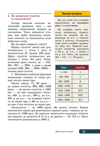 21Відлік часу в історії
4.	 Як визначати століття
	 та тисячоліття?
Історія людства охоплює ве-
личезний проміжок часу — від
моменту виникнення людини до
сьогодення. Тому, вивчаючи істо-
рію, вам треба навчитися визна-
чати століття та тисячоліття коли
відбулася подія.
На що варто звернути увагу?
Перше століття нашої ери роз-
починається 1 січня 1 року й
закінчується 31 грудня 100 року.
Друге століття починається від-
повідно 1 січня 101 року. Отже,
початкові роки століть це — 101,
201, 301, …, 2001, а роки з двома
нулями (100, 200, … 1900, 2000) —
останні роки століть.
 Покажемо в таблиці приклади
визначення початку та кінця різ-
них століть нашої ери.
Таким чином: 75, 99 роки —
це перше століття, 908, 999, 1000
роки  — це десяте століття, а 1001
рік — це вже одинадцяте століт-
тя, 400  р. до н. е., 399 р. до н. е.,
301 р. до н. е. — це четверте століт-
тя до нашої ери, а 401 р. до н. е. —
це вже п’яте століття до нашої ери.
Тисячоліття — це 1000 років, або десять століть. Перше
тисячоліття нашої ери розпочалося першого року і тривало до ти-
сячного (1–1000 рр.). До першого тисячоліття належать століття
від першого до десятого (І–Х ст.), до другого — ХІ–ХХ ст. Третє
тисячоліття розпочалося у 2001 р.
Під час лічби часу потрібно
враховувати, що нульового
року в історії немає.
Це потрібно знати тоді,
коли, наприклад, підрахо-
вуємо вік людини, що на-
родилася до н. е., а померла
після її початку. Складаючи
суму років потрібно відніма-
ти один рік. Перший рим-
ський імператор народився
у 63 р. до н. е., а помер в
14 р. н. е. Отже, він прожив:
(63 + 14) – 1 = 76 років.
Запам’ятайте
Роки Століття
1–100 І
401–500 V
901–1000 Х
1001–1100 ХІ
1501–1600 ХVІ
1801–1900 ХІХ
1901–2000 ХХ
 