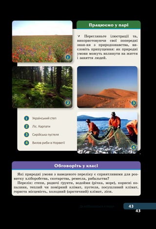 43
43Де відбувається історія
 Перегляньте ілюстрації та,
використовуючи свої попередні
знан-ня з природознавства, ви-
словіть припущення: як природні
умови можуть вплинути на життя
і заняття людей.
Працюємо у парі
1 	 Український степ
2 	 Ліс. Карпати
3 	 Сирійська пустеля
4 	 Вилов риби в Норвегії
1
2 3
4
Які природні умови з наведеного переліку є сприятливими для роз-
витку хліборобства, скотарства, ремесла, рибальства?
Перелік: степи, родючі ґрунти, водойми (річка, море), корисні ко-
палини, теплий чи помірний клімат, пустеля, посушливий клімат,
гориста місцевість, холодний (арктичний) клімат, ліси.
Обговоріть у класі
 