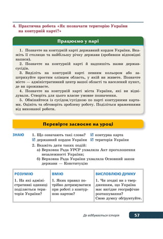 57Де відбувається історія
4.	 Практична робота «Як позначати територію України
	 на контурній карті?»
Знаю	 1.	Що означають такі слова?	 	контурна карта
	 	державний кордон України	 	територія України
	 2.	Вкажіть дати таких подій:
		 а)	Верховна Рада УРСР ухвалила Акт проголошення
			незалежності України;
		 б)	Верховна Рада України ухвалила Основний закон
			 держави — Конституцію
Розумію
1. На які адміні-
стративні одиниці
поділяється тери-
торія України?
Вмію
1. Яких правил по-
трібно дотримуватися
при роботі з контур-
ною картою?
Висловлюю думку
1. Чи згодні ви з твер-
дженням, що Україна
має вигідне географічне
розташування?
Свою думку обґрунтуйте.
Перевірте засвоєне на уроці
1.	 Позначте на контурній карті державний кордон України. Вка-
жіть її столицю та найбільшу річку держави (зробивши відповідні
написи).
2.	Позначте на контурній карті й надпишіть назви держав-
сусідів.
3.	Виділіть на контурній карті певним кольором або за-
штрихуйте простим олівцем область, у якій ви живете. Позначте
місто — адміністративний центр вашої області та населений пункт,
де ви проживаєте.
4.	Позначте на контурній карті міста України, які ви відві-
дували. Створіть для цього власне умовне позначення.
5.	 Обміняйтеся із сусідом/сусідкою по парті контурними карта-
ми. Оцініть та обговоріть зроблену роботу. Поділіться враженнями
від виконаної роботи.
Працюємо у парі
 