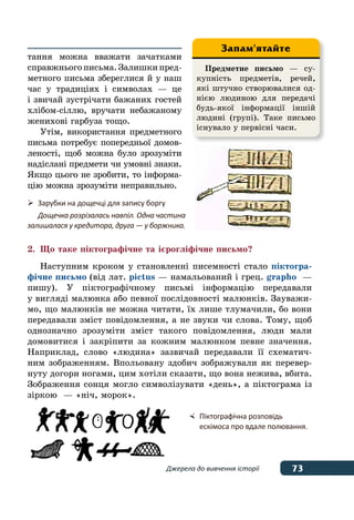 73Джерела до вивчення історії
тання можна вважати зачатками
справжньогописьма.Залишкипред-
метного письма збереглися й у наш
час у традиціях і символах — це
і звичай зустрічати бажаних гостей
хлібом-сіллю, вручати небажаному
женихові гарбуза тощо.
Утім, використання предметного
письма потребує попередньої домов-
леності, щоб можна було зрозуміти
надіслані предмети чи умовні знаки.
Якщо цього не зробити, то інформа-
цію можна зрозуміти неправильно.
2.	 Що таке піктографічне та ієрогліфічне письмо?
Наступним кроком у становленні писемності стало піктогра-
фічне письмо (від лат. pictus — намальований і грец. grapho  —
пишу). У піктографічному письмі інформацію передавали
у вигляді малюнка або певної послідовності малюнків. Зауважи-
мо, що малюнків не можна читати, їх лише тлумачили, бо вони
передавали зміст повідомлення, а не звуки чи слова. Тому, щоб
однозначно зрозуміти зміст такого повідомлення, люди мали
домовитися і закріпити за кожним малюнком певне значення.
Наприклад, слово «людина» зазвичай передавали її схематич-
ним зображенням. Впольовану здобич зображували як перевер-
нуту догори ногами, цим хотіли сказати, що вона нежива, вбита.
Зображення сонця могло символізувати «день», а піктограма із
зіркою  — «ніч, морок».
Предметне письмо — су-
купність предметів, речей,
які штучно створювалися од-
нією людиною для передачі
будь-якої інформації іншій
людині (групі). Таке письмо
існувало у первісні часи.
Запам'ятайте
	 Зарубки на дощечці для запису боргу
	 Дощечка розрізалась навпіл. Одна частина
залишалася у кредитора, друга — у боржника.
	 Піктографічна розповідь
	 ескімоса про вдале полювання.
 