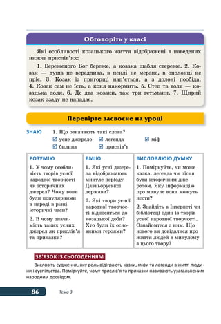 86 Тема 3
Знаю	 1.	Що означають такі слова?
	 	усне джерело	 	легенда	 	міф
	 	билина	 	прислів’я
Розумію
1. У чому особли-
вість творів усної
народної творчості
як історичних
джерел? Чому вони
були популярними
в народі в різні
історичні часи?
2. В чому значи-
мість таких усних
джерел як прислів’я
та приказки?
Вмію
1. Які усні джере-
ла відображають
минуле періоду
Давньоруської
держави?
2. Які твори усної
народної творчос-
ті відносяться до
козацької доби?
Хто були їх осно-
вними героями?
Висловлюю думку
1. Поміркуйте, чи може
казка, легенда чи пісня
бути історичним дже-
релом. Яку інформацію
про минуле вони можуть
нести?
2. Знайдіть в Інтернеті чи
бібліотеці один із творів
усної народної творчості.
Ознайомтеся з ним. Що
нового ви довідалися про
життя людей в минулому
з цього твору?
Зв’язок із сьогоденням
Висловіть судження, яку роль відіграють казки, міфи та легенди в житті люди-
ни і суспільства. Поміркуйте, чому прислів’я та приказки називають узагальненим
народним досвідом.
Які особливості козацького життя відображені в наведених
нижче прислів’ях:
1. Береженого Бог береже, а козака шабля стереже. 2. Ко-
зак — душа не вередлива, в пеклі не мерзне, в ополонці не
пріє. 3. Козак із пригорщі нап’ється, а з долоні пообіда.
4. Козак сам не їсть, а коня накормить. 5. Степ та воля — ко-
зацька доля. 6. Де два козаки, там три гетьмани. 7. Щирий
козак ззаду не нападає.
Обговоріть у класі
Перевірте засвоєне на уроці
 