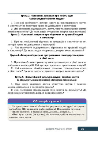 95Джерела до вивчення історії
Група 2. «Історичні джерела про побут, одяг
та повсякденне життя людей»
1. Про які особливості побуту, одягу та повсякденного життя
в минулому на території краю ви довідалися з екскурсії?
2. Які експонати відображають побут, одяг та повсякденне життя
людей в минулому? До яких видів історичних джерел вони належать?
Група 3. «Історичні джерела про вірування та традиції людей
в минулому»
1. Про які особливості вірувань та традицій в минулому на те-
риторії краю ви довідалися з екскурсії?
2. Які експонати відображають вірування та традиції людей
в минулому? До яких видів історичних джерел вони належать?
Група 4. «Історичні джерела про розвиток господарства краю
в різні часи»
1. Про які особливості розвитку господарства краю в різні часи ви
довідалися з екскурсії? Які кустарні промисли представлені в музеї?
2. Які експонати відображають розвиток господарства краю
в різні часи? До яких видів історичних джерел вони належать?
Група 5. «Видатні діячі культури, науки і техніки, життя
та діяльність яких пов’язана з історією мого краю»
1. Про яких видатних діячів культури, науки і техніки
можна довідатися з експонатів музею?
2. Які експонати відображають їхнє життя та діяльність? До
яких видів історичних джерел вони належать?
На уроці-узагальненні обговоріть результати екскурсії та групо-
вої роботи. Що виявилося найцікавішим? Продовжіть речення:
«Після екскурсії в музей я знаю…; вмію…, розумію… »
«Мені було цікаво (не цікаво) під час екскурсії та виконання за-
вдання, тому що…»
Обговоріть у класі
 