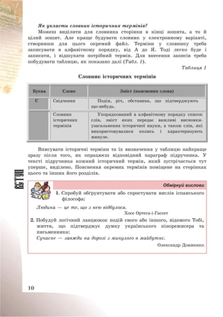 10
Як укласти словник історичних термінів?
Можеш виділити для словника сторінки в кінці зошита, а то й
цілий зошит. Але краще будувати словник у електронному варіанті,
створивши для цього окремий файл. Терміни у словнику треба
записувати в алфавітному порядку, від А до Я. Тоді легко буде і
записати, і відшукати потрібний термін. Для внесення записів треба
побудувати таблицю, як показано далі (Табл. 1).
Таблиця 1
Словник історичних термінів
Буква Слово Зміст (пояснення слова)
С Свідчення Подія, річ, обставина, що підтверджують
що-небудь.
Словник
історичних
термінів
Упорядкований в алфавітному порядку список
слів, зміст яких передає важливі висновки-
узагальнення історичної науки, а також слів, які
використовувалися колись і характеризують
минуле.
Вписувати історичні терміни та їх визначення у таблицю найкраще
зразу після того, як опрацюєш відповідний параграф підручника. У
тексті підручника кожний історичний термін, який зустрічається тут
уперше, виділено. Пояснення окремих термінів поміщене на сторінках
цього та інших його розділів.
Обміркуй вислови
1. Спробуй обґрунтувати або спростувати вислів іспанського
філософа:
Людина – це те, що з нею відбулося.
Хосе Ортега-і-Гассет
2. Побудуй логічний ланцюжок подій свого або іншого, відомого Тобі,
життя, що підтверджує думку українського кінорежисера та
письменника:
Сучасне – завжди на дорозі з минулого в майбутнє.
Олександр Довженко
 