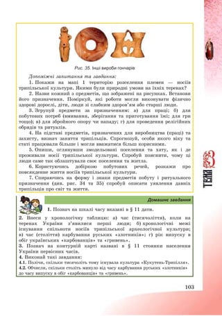 103
Рис. 35. Інші вироби гончарів
Допоміжні запитання та завдання:
1. Покажи на мапі 1 територію розселення племен – носіїв
трипільської культури. Якими були природні умови на їхніх теренах?
2. Назви кожний з предметів, що зображені на рисунках. Встанови
його призначення. Поміркуй, які роботи могли виконувати фізично
здорові дорослі, діти, люди зі слабким здоров’ям або старші люди.
3. Згрупуй предмети за призначенням: а) для праці; б) для
побутових потреб (вмивання, зберігання та приготування їжі; для гри
тощо); в) для збройного опору чи нападу; г) для проведення релігійних
обрядів та ритуалів.
4. На підставі предметів, призначених для виробництва (праці) та
захисту, визнач заняття трипільців. Спрогнозуй, особи якого віку та
статі працювали більше і могли вважатися більш корисними.
5. Опиши, оглянувши змодельовані поселення та хату, як і де
проживали носії трипільської культури. Спробуй пояснити, чому ці
люди саме так облаштували своє поселення та житла.
6. Користуючись добіркою побутових речей, розкажи про
повсякденне життя носіїв трипільської культури.
7. Спираючись на форму і знаки предметів побуту і ритуального
призначення (див. рис. 34 та 35) спробуй описати уявлення давніх
трипільців про світ та життя.
Домашнє завдання
1. Познач на шкалі часу вказані в § 11 дати.
2. Внеси у хронологічну таблицю: а) час (тисячоліття), коли на
теренах України з’явилися перші люди; б) хронологічні межі
існування спільноти носіїв трипільської археологічної культури;
в) час (століття) карбування руських «злотників»; г) рік випуску в
обіг українських «карбованців» та «гривень».
3. Познач на контурній карті названі в § 11 стоянки населення
України первісних часів.
4. Виконай такі завдання:
4.1. Полічи, скільки тисячоліть тому існувала культура «Кукутень-Трипілля».
4.2. Обчисли, скільки століть минуло від часу карбування руських «злотників»
до часу випуску в обіг «карбованців» та «гривень».
 